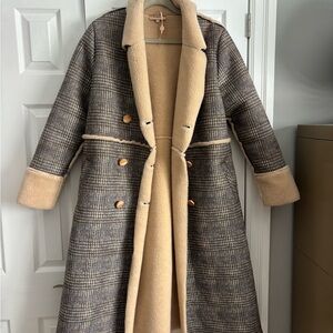 Plaid Faux shearling w/ plaid -Coat with Tan Accents